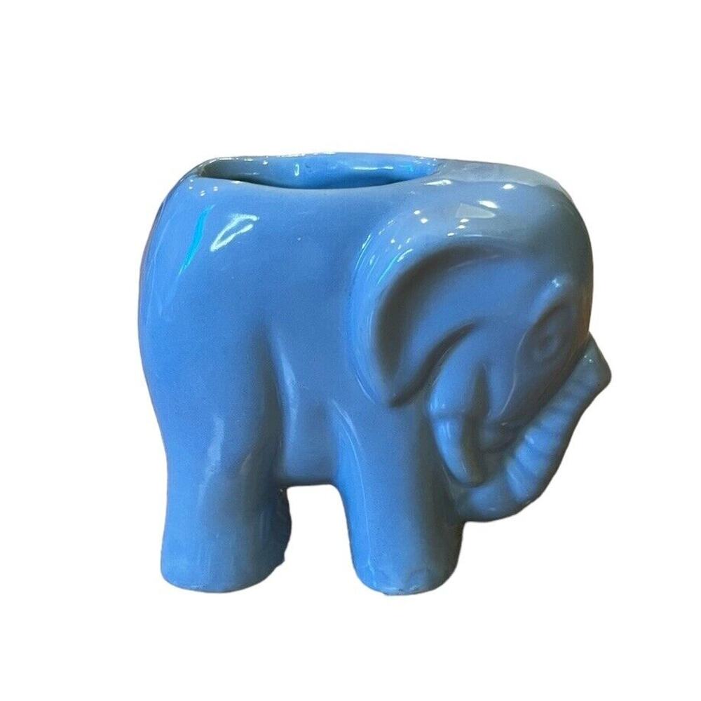 Vivid Blue Elephant Planter Pottery Trunk Up MCM Small Planter 6"